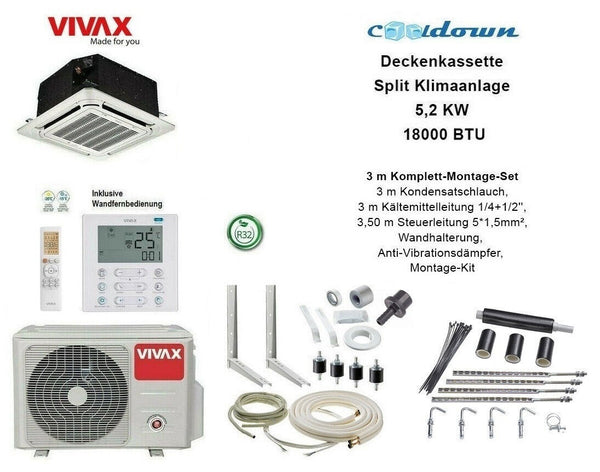 VIVAX Deckenkassette 18000 BTU + 3 m Komplett Montageset 5,2KW Split Klimaanlage