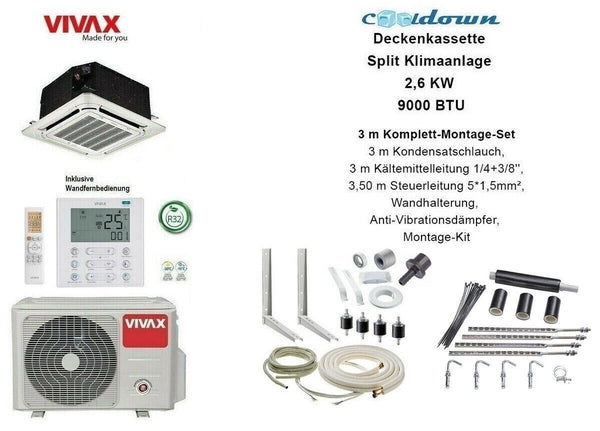 VIVAX Deckenkassette 9000 BTU + 3 m Komplett SET WIFI Ready 2,6 KW Klimaanlage