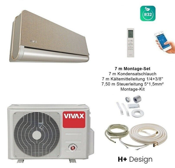 VIVAX H+ Design GOLD + 7 m Montageset Klimagerät Split Klimaanlage 3D Swing A+++