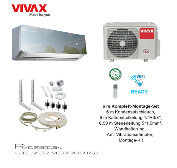VIVAX R Design SILVER MIRROR 12000 BTU + 6 m Komplett SET Split Klimaanlage A+++